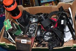 A BOX OF ASSORTED AUDIO VISUAL ITEMS to include a Fujiyama AF Zoom 1:3.5-5.6 f=28-200mm lens and a