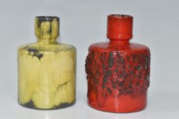 TWO WEST GERMAN OTTO KERAMIK VASES, of squat cylindrical form, one with red lava glaze, the other