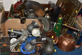 TWO BOXES AND LOOSE METALWARES to include a pair of pewter pheasants, a copper teapot, assorted