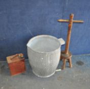 A VINTAGE GALVANISED DOLLY TUB, a dolly peg with one replacement handle (historic and treated