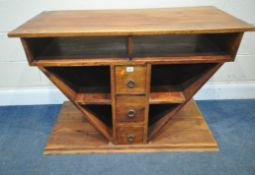 A MODERN HARDWOOD SIDE TABLE, of a tapered form, with an arrangement of shelves, and three