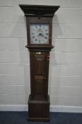 AN OAK CASED 30 HOUR LONGCASE CLOCK, with an overhanging cornice, the square glass door enclosing an