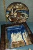 A STUDIO POTTERY CHARGER AND SQUARE DISH, the charger with painted sgraffito decoration depicting