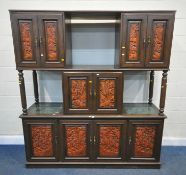 A LARGE HARDWOOD ORIENTAL WALL CABINET, fitted with an arrangement of ten cupboard doors with