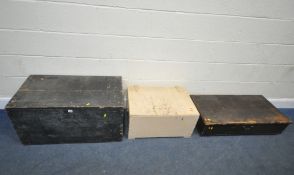 A BLACK PAINTED PINE STORAGE CHEST, width 88cm x depth 49cm x height 45cm, a cream painted chest,