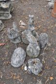 A COLLECTION OF SIX MODERN CONCRETE GARDEN FIGURES, including a fish, a hen, a rabbit, a frog, a