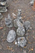A COLLECTION OF SIX MODERN CONCRETE GARDEN FIGURES, including a fish, a hen, a rabbit, a frog, a