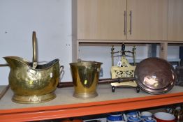 A GROUP OF BRASSWARE, to include a brass 'Helmet' coal scuttle, a brass bucket stamped Narang, an