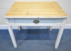 A PARTIALLY WHITE PAINTED KITCHEN TABLE, with a single drawer, width 94cm x depth 69cm x height