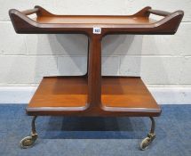 A DANISH MID-CENTURY TEAK TWO TIER TROLLEY, each side with raised ends, with twin turned handles,