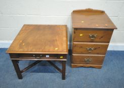 A REPRODUCTION MAHOGANY SIDE TABLE, with a single drawer, 65cm squared x height 49cm, along with a