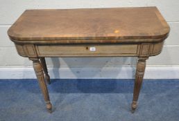 A GEORGIAN MAHOGANY FOLD OVER TEA TABLE, with Rosewood crossbanding, a single frieze drawer,