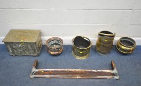 A SELECTION OF METALWARE, to include a brass log box, two coal scuttles, a brass jardiniere, a