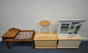 A MODERN PINE TELEPHONE SEAT, with a pink buttoned seat, a pair of storage chests, a white painted