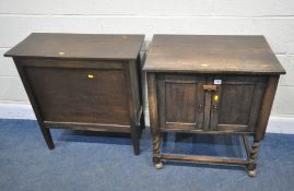 A 20TH CENTURY OAK DOUBLE DOOR CABINET, raised on barley twist supports, united by stretchers,