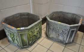 A PAIR OF SQUARE LEAD PLANTERS, with canted corners, each side depicting a Pegasus,
