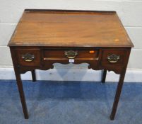 A 19TH CENTURY MAHOGANY LOWBOY, with a slightly raised back, fitted with three drawers, a wavy