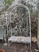 A MID CENTURY WROUGHT IRON ARBOUR SEAT, with arched top, steel slatted seat, width 114cm, depth
