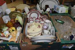 FIVE BOXES OF CERAMICS AND GLASS WARE, to include a collection of novelty vegetable face pots by