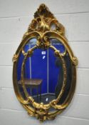 AN ORNATE GILT RESIN WALL MIRROR, with scrolled and foliate details, width 62cm x height 101cm,