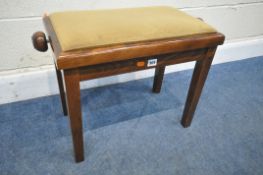 A LATE 20TH CENTURY RISE AND FALL PIANO STOOL, width 64cm x depth 33cm x height 46cm, condition