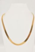 A YELLOW METAL CHAIN NECKLACE, a flat link herring bone necklace, approximate chain width 7mm,
