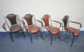 AFTER JACQUES ADNET, A SET OF FOUR MID-CENTURY STACKABLE BROWN LEATHER ARMCHAIRS, with a wrought