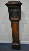 A GEORGIAN OAK 30 HOUR LONGCASE CLOCK, with a shaped cornice, the glass door enclosing a 10 inch