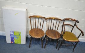 A 20TH CENTURY MAHOGANY ARMCHAIR, with scrolled open armrest, raised on turned legs, along with