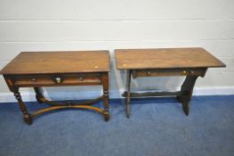 TWO 20TH CENTURY OAK SIDE TABLES, one fitted with two drawers, raised on turned legs, united by a