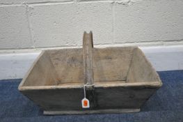 A RUSTIC WOODEN FLOWER TRUG, with a bent metal handle, width 48cm x depth 36cm x height 30cm,