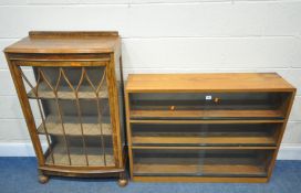 A MODERN PINE BOOKCASE, with six sliding doors, width 107cm x depth 28cm x height 82cm, along with a