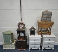 A PAIR OF WHITE THREE DRAWER BEDSIDE CHESTS, width 54cm x depth 36cm x height 62cm, a small oak drop