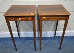 A PAIR OF REPRODUCTION MAHOGANY SIDE TABLES, with a single frieze drawer, raised on square tapered