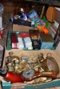 FIVE BOXES AND LOOSE METALWARE AND SUNDRY ITEMS, to include a copper helmet form coal scuttle, a
