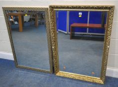 TWO GILT WOOD RECTANGULAR BEVELLED EDGE WALL MIRRORS, largest 102cm x 72cm, condition report: losses