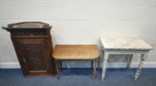 A WHITE PAINTED PINE SIDE TABLE, raised on turned legs, width 77cm x depth 45cm x height 75cm, a
