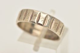 A 9CT WHITE GOLD TEXTURED BAND RING, approximate band width 5.9mm, hallmarked 9ct Birmingham, ring