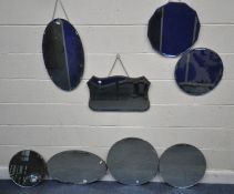 EIGHT 20TH CENTURY FRAMELESS MIRRORS, varying in shape, size, style, etc, condition report: no