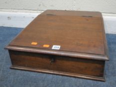 A MAHOGANY WRITING SLOPE, with a hinged lid, width 45cm x depth 48cm x height 17cm, condition