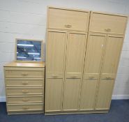 A MODERN FOUR PIECE BEDROOM SUITE, comprising two double door wardrobes, with a top box, width