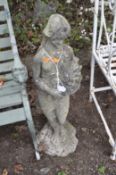 A MID CENTURY RECONSTITUTED STONE GARDEN FIGURE, in the form of a scantily clad flower girl,