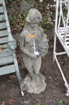 A MID CENTURY RECONSTITUTED STONE GARDEN FIGURE, in the form of a scantily clad flower girl,