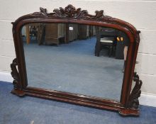 A REPRODUCTION MAHOGANY OVERMANTEL MIRROR, with foliate and scrolled details, width 149cm x height