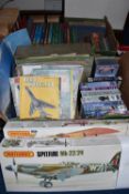 TWO BOXES OF AVIATION AND CAR INTEREST BOOKS, VHS, MAGAZINES AND MODELS to include two boxed and