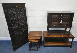 FOUR PIECES OF 20TH CENTURY OAK FURNITURE, to include a two tier coffee table, width 107cm x depth