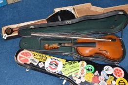 A VIOLIN, A CASE, AND A SCRATCH-BUILT INSTRUMENT to include a cased violin (many elements missing,