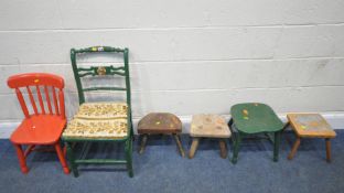 A GREEN PAINTED CHAIR, a red painted child's chair, along with three stools, varying in shape, size,