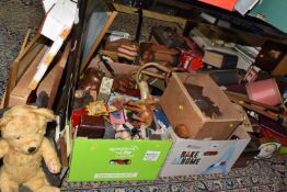 FOUR BOXES AND LOOSE SUNDRY ITEMS, to include a cuckoo clock with weights and pendulum, a vintage