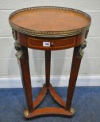 A REPRODUCTION KINGWOOD GUERIDON, the circular top with a brass gallery, a single frieze drawer,